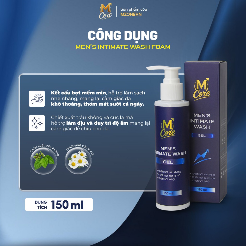 Dung dịch vệ sinh nam M Core Men's Intimate Wash Gel 150ml chiết xuất trầu không, cúc la mã, lô hội