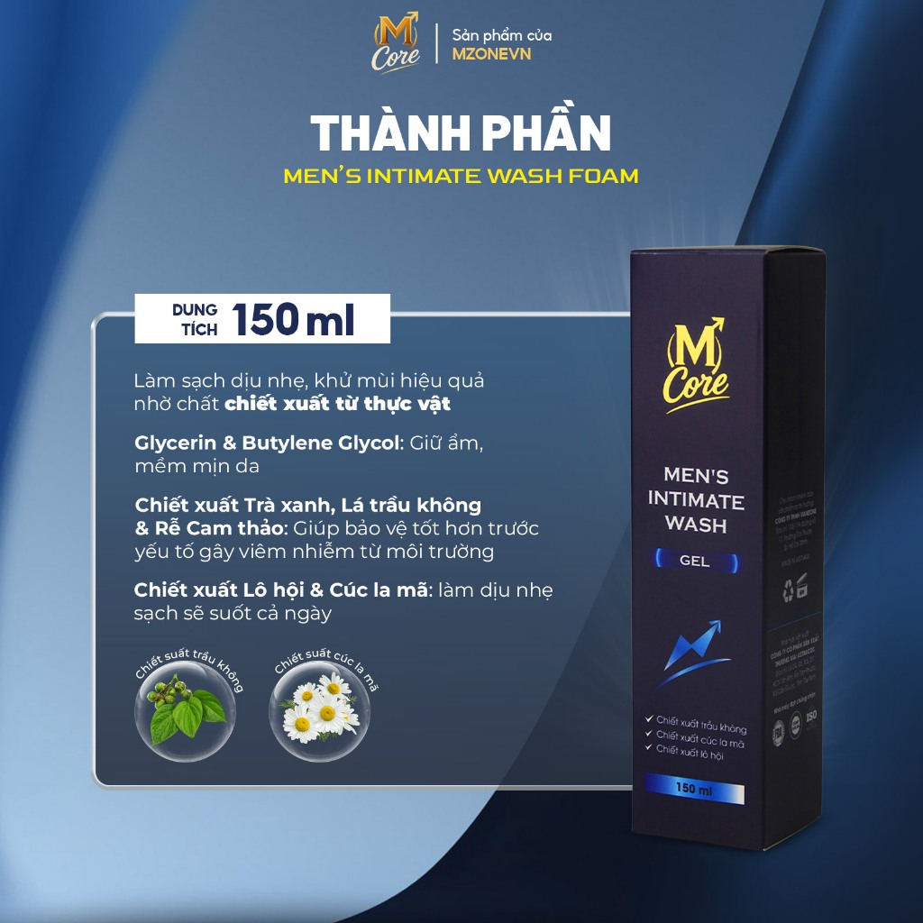 Dung dịch vệ sinh nam M Core Men's Intimate Wash Gel 150ml chiết xuất trầu không, cúc la mã, lô hội