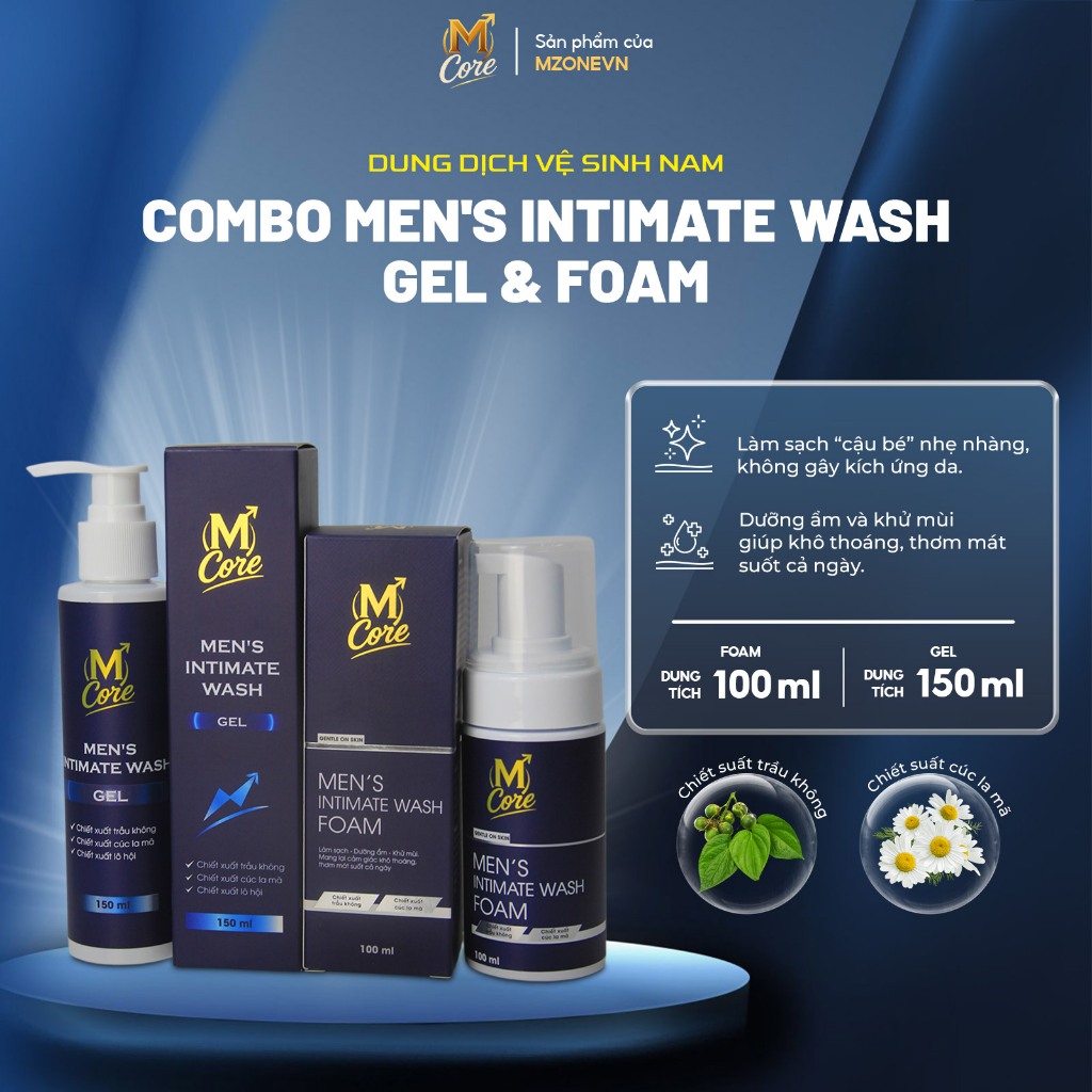 Dung dịch vệ sinh nam M Core Men's Intimate Wash Combo Gel 150ml & Foam 100 ml - làm sạch, khử mùi