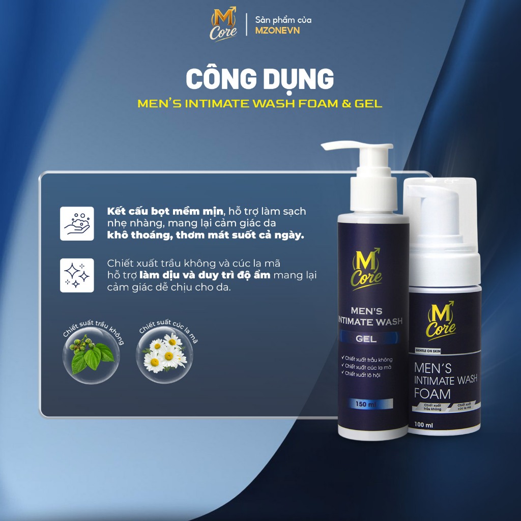 Dung dịch vệ sinh nam M Core Men's Intimate Wash Combo Gel 150ml & Foam 100 ml - làm sạch, khử mùi
