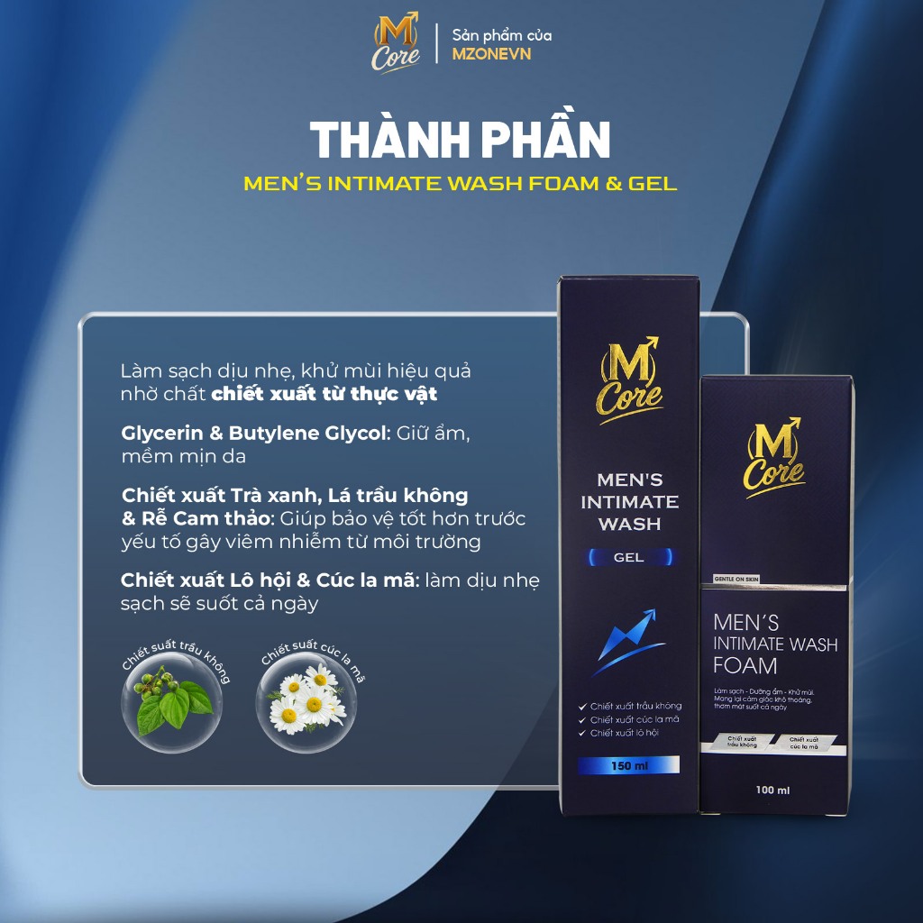 Dung dịch vệ sinh nam M Core Men's Intimate Wash Combo Gel 150ml & Foam 100 ml - làm sạch, khử mùi