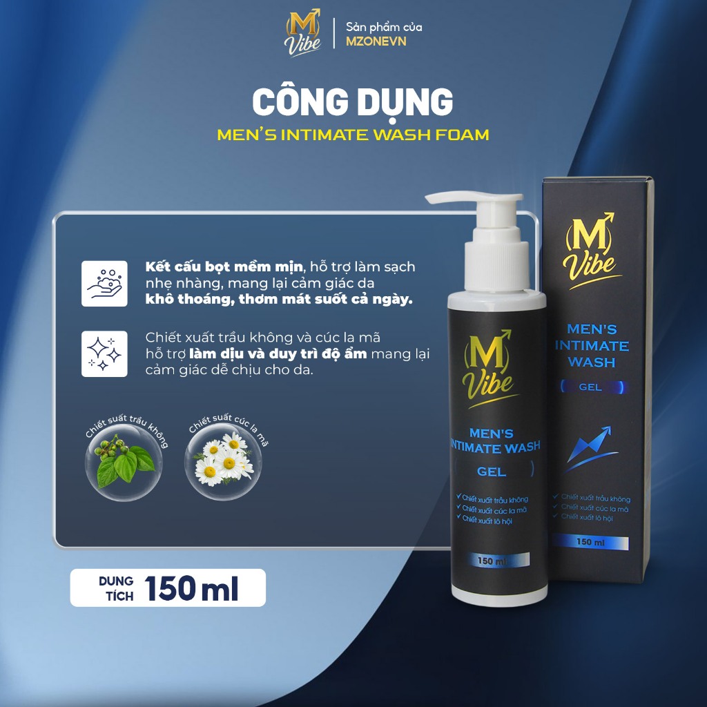 Dung dịch vệ sinh nam M Vibe Men's Intimate Wash Gel 150ml chiết xuất trầu không, cúc la mã, lô hội