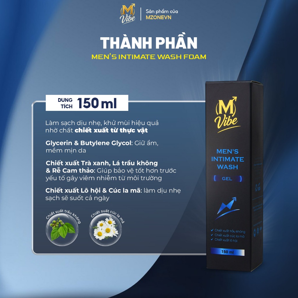 Dung dịch vệ sinh nam M Vibe Men's Intimate Wash Gel 150ml chiết xuất trầu không, cúc la mã, lô hội