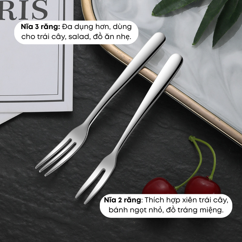 Bộ 6 Nĩa Trái Cây Inox 304 Dày Dặn Thanh Lịch – Nĩa Ăn Bánh, Món Tráng Miệng 2 Răng & 3 Răng | 320