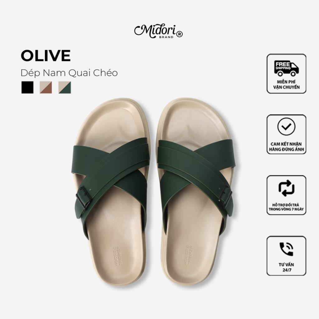 Dép Da Microfiber OLIVE Hai Quai Ngang Nam Nữ Chống Trượt Cao Cấp Có Khoá Cài Chính Hãng | MI MIDORI