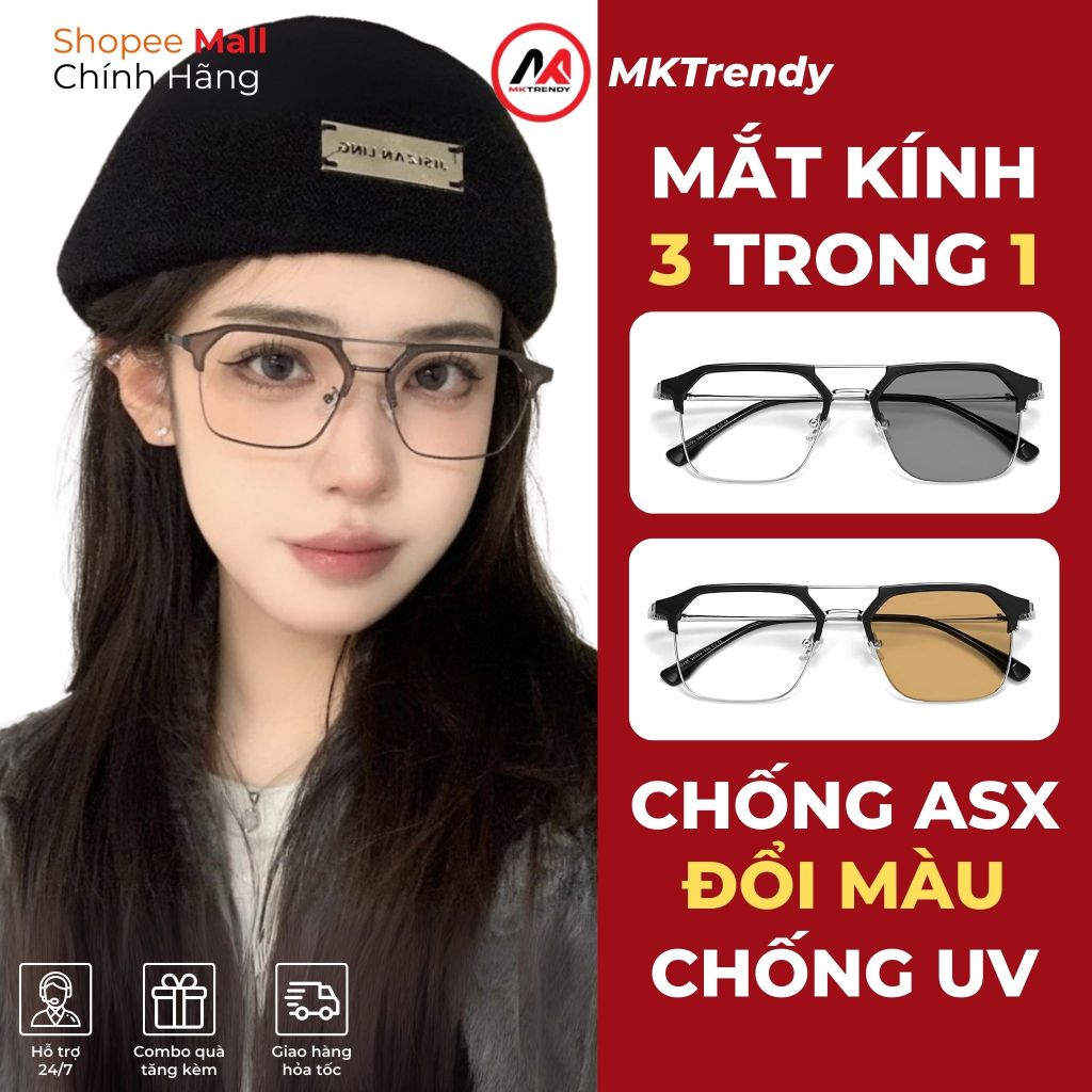 Mắt kính đổi màu nam nữ MKTRENDY gọng vuông clubmaster cool ngầu chống ánh sáng xanh chống tia UV phong cách X11