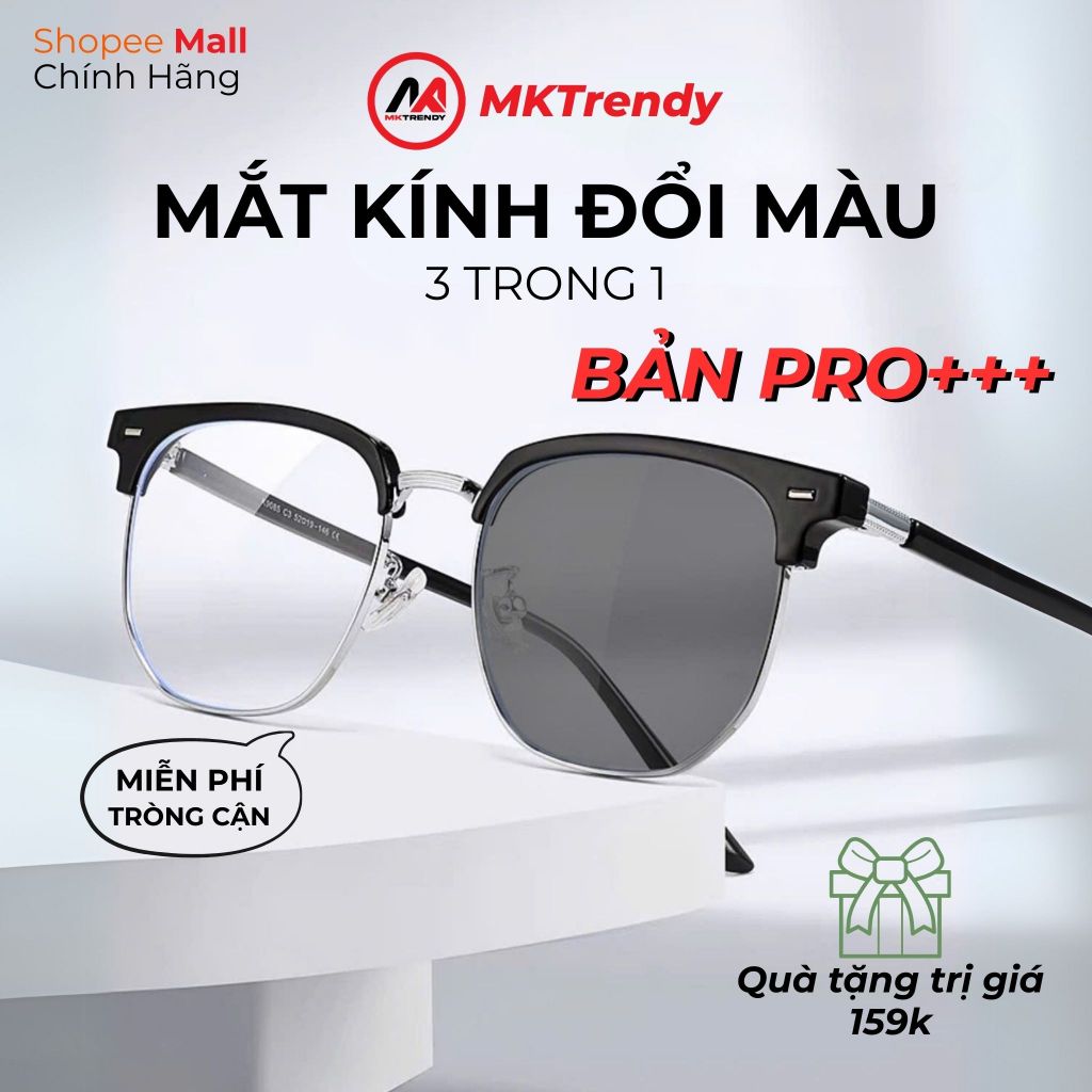 Mắt kính đổi màu nam nữ MKTRENDY gọng kim loại cao cấp chống ánh sáng xanh chống tia UV phong cách X12