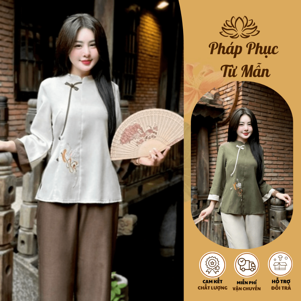 Pháp phục đi chùa cổ tàu khuy chéo thêu sen chữ Ngộ vải đũi thái Đồ lam đi lễ tay phối viền đũi mềm Thanh lịch
