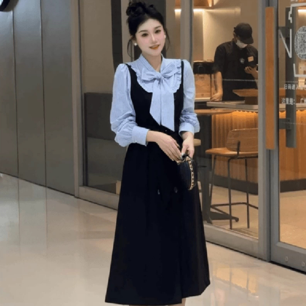 Đầm Nữ Công Sở Dài Tay Phối Sơ Mi Cổ Nơ Bigsize Nữ – Váy Liền Thanh Lịch, Form Xòe Tôn Dáng A688