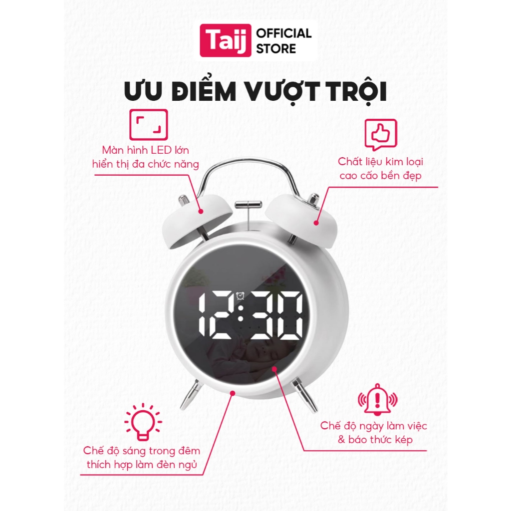 Đồng Hồ Báo Thức Taij Decor, Đồng Hồ Hai Chuông Mặt Số Điện Tử LED Hai Chuông Âm Thanh Đanh