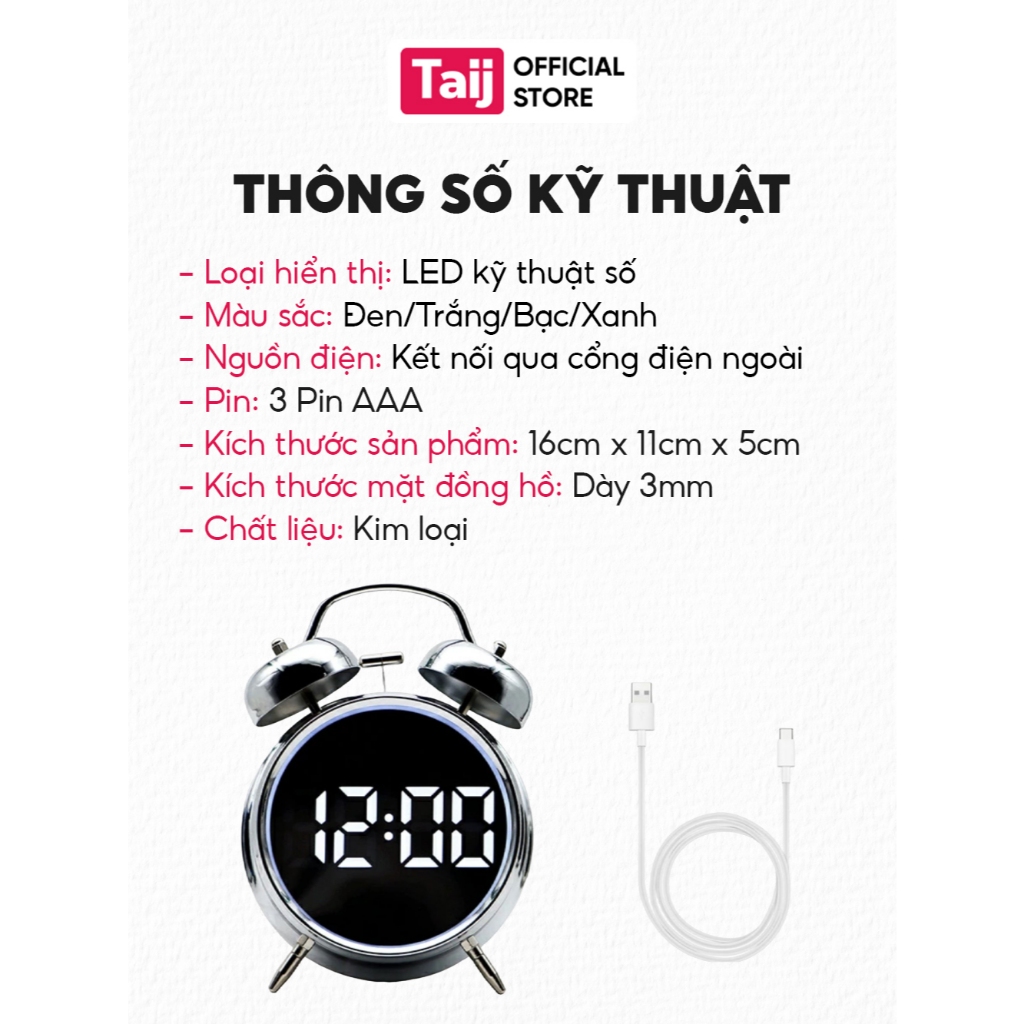 Đồng Hồ Báo Thức Taij Decor, Đồng Hồ Hai Chuông Mặt Số Điện Tử LED Hai Chuông Âm Thanh Đanh