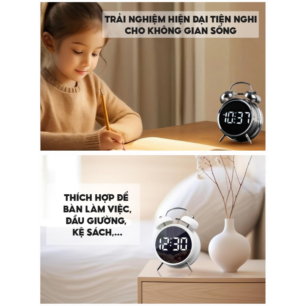 Đồng Hồ Báo Thức Taij Decor, Đồng Hồ Hai Chuông Mặt Số Điện Tử LED Hai Chuông Âm Thanh Đanh