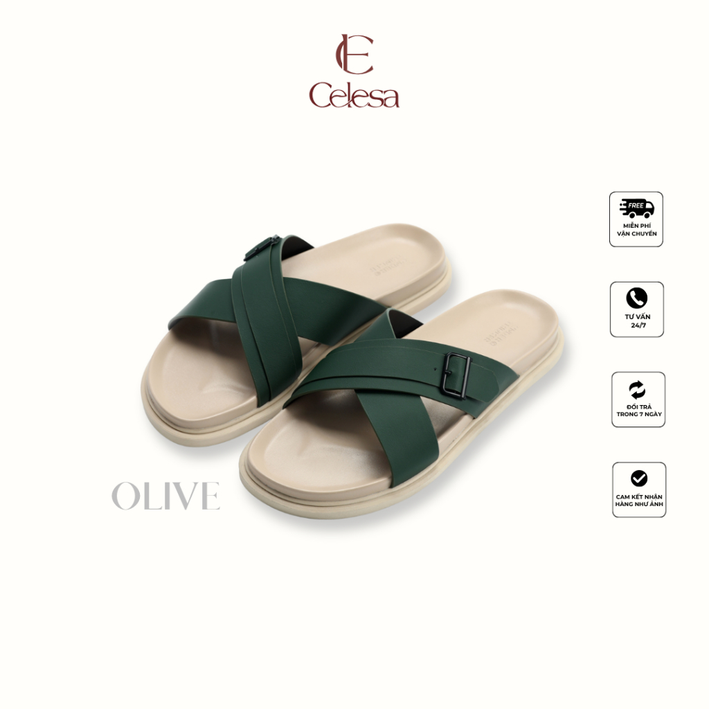 Dép Da Microfiber OLIVE Hai Quai Ngang Nam Nữ Chống Trượt Có Khoá Cài Êm Chân Du Lịch | CELESA