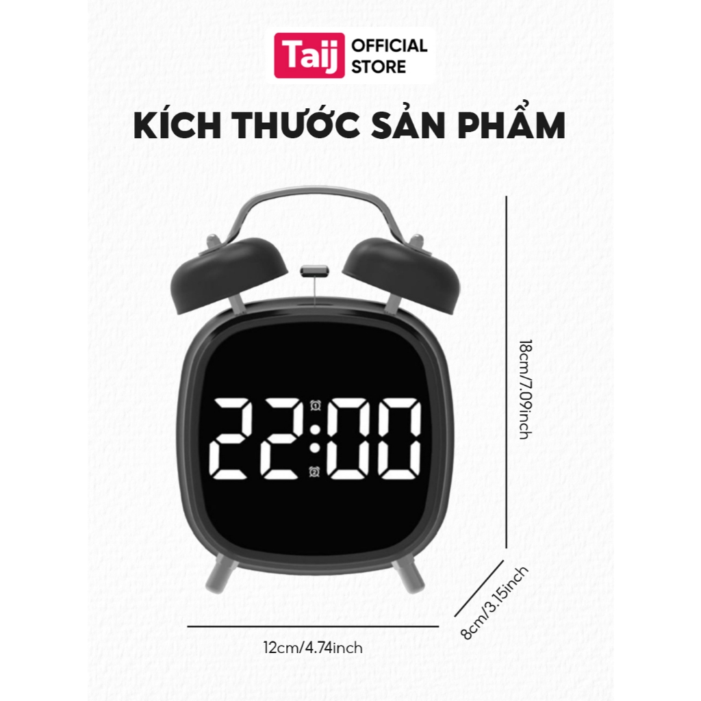 Đồng Hồ Báo Thức, Đồng Hồ Bàn Học Hai Chuông To Hình Vuông Basic Mặt Hiển Thị Đèn LED GH8032