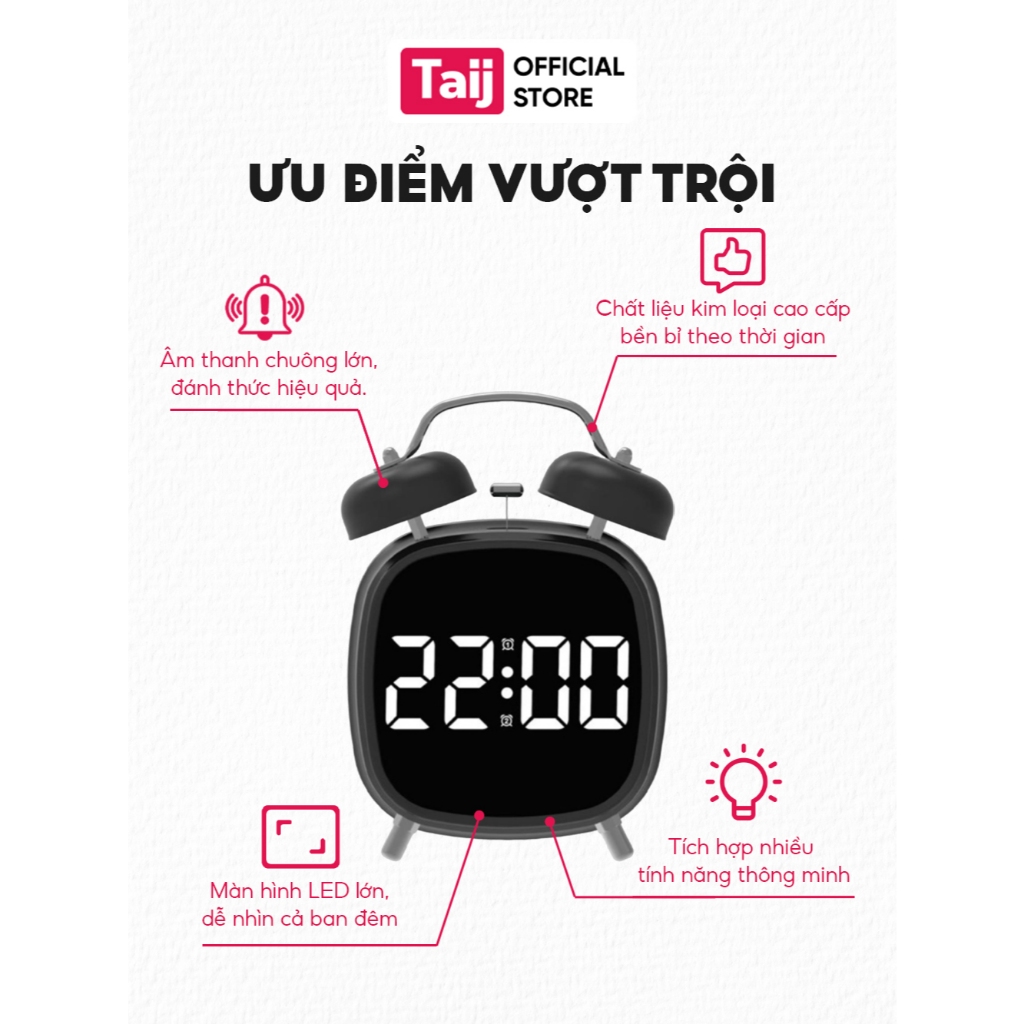 Đồng Hồ Báo Thức, Đồng Hồ Bàn Học Hai Chuông To Hình Vuông Basic Mặt Hiển Thị Đèn LED GH8032
