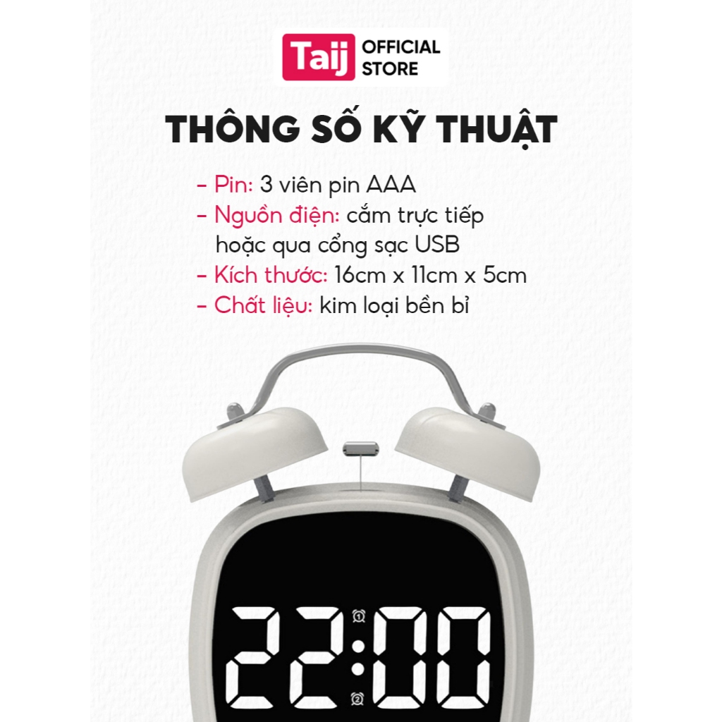Đồng Hồ Báo Thức, Đồng Hồ Bàn Học Hai Chuông To Hình Vuông Basic Mặt Hiển Thị Đèn LED GH8032
