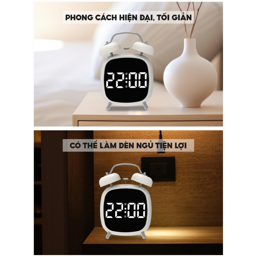 Đồng Hồ Báo Thức, Đồng Hồ Bàn Học Hai Chuông To Hình Vuông Basic Mặt Hiển Thị Đèn LED GH8032