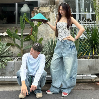 Quần Jeans PREMIUM Thunder Light From Rộng Unisex Nam Nữ Tôn Dáng Có Đai Siết Eo | SSSTORE.Aesthetic