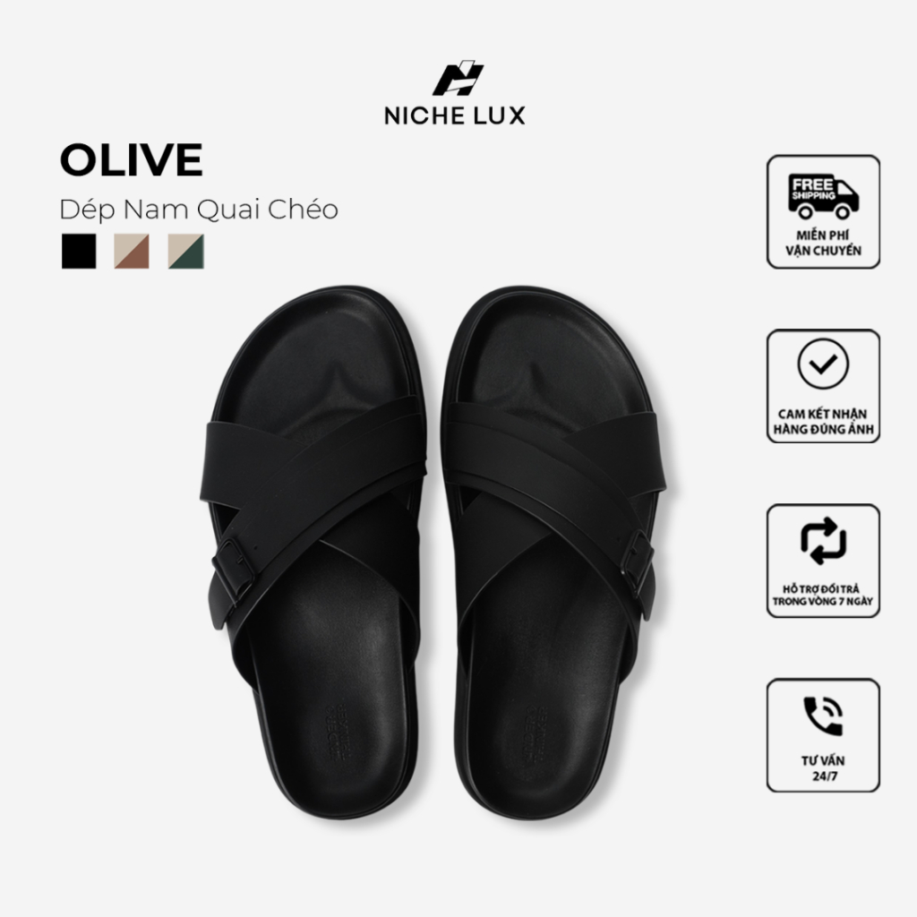 Dép Da Microfiber OLIVE Hai Quai Ngang Nam Nữ Chống Trượt Có Khoá Cài | NICHE LUXURY
