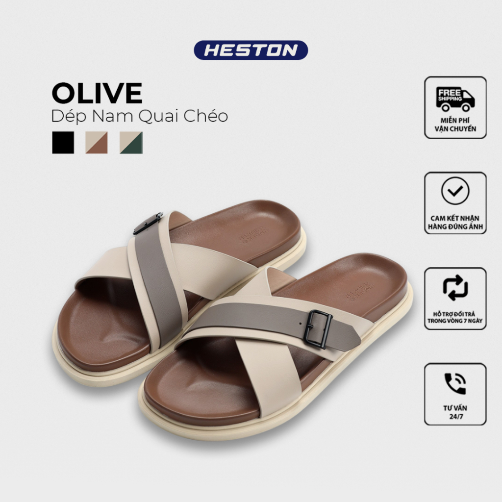Dép Da Microfiber OLIVE Hai Quai Ngang Nam Nữ Chống Trơn Trượt Có Khoá Cài Êm Chân | HESTON