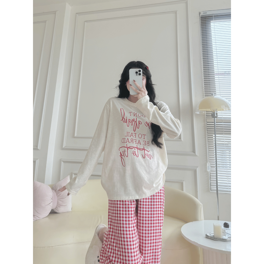 Set đồ bộ tay dài nữ mặc nhà thời trang, Đồ bộ áo dài tay dáng rộng, quần caro dài menina