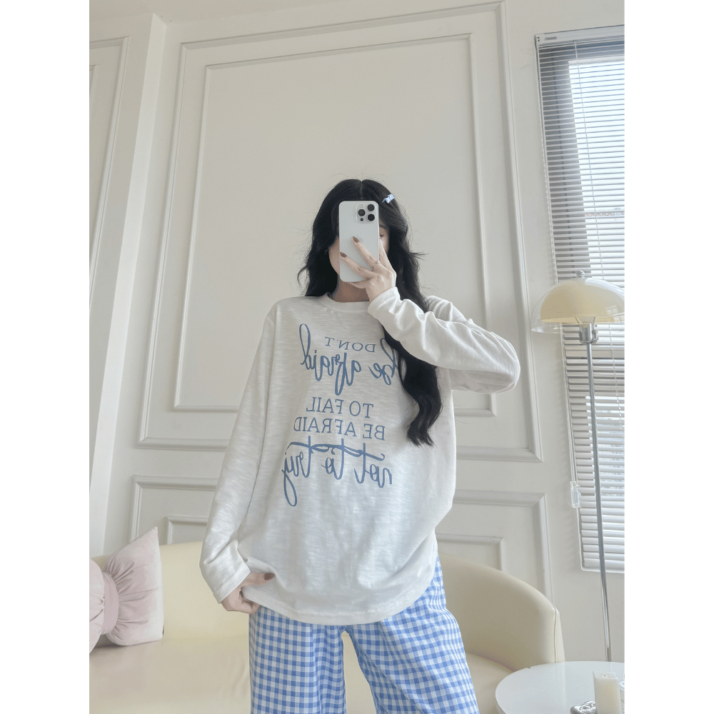 Set đồ bộ tay dài nữ mặc nhà thời trang, Đồ bộ áo dài tay dáng rộng, quần caro dài menina