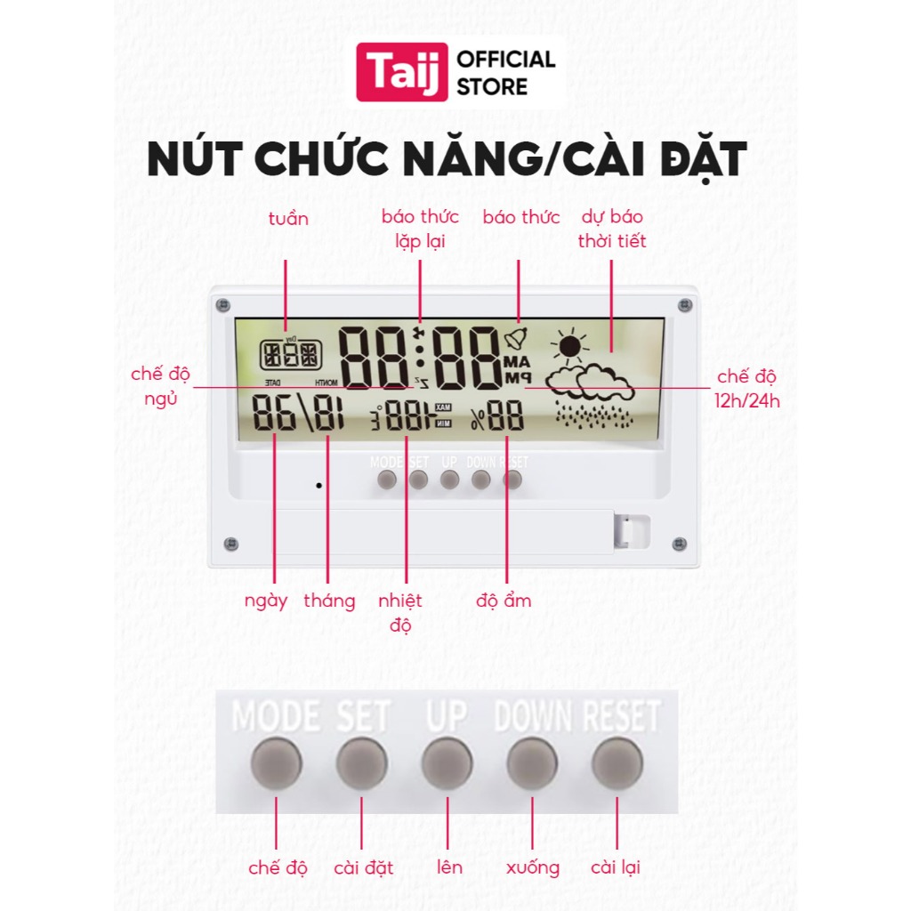 Đồng Hồ Để Bàn Báo Thức Hiển Thị Lịch, Thời Tiết, Đồng Hồ Điện Tử Mini Kỹ Thuật Số