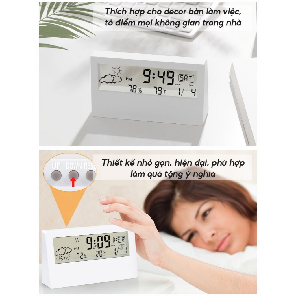 Đồng Hồ Để Bàn Báo Thức Hiển Thị Lịch, Thời Tiết, Đồng Hồ Điện Tử Mini Kỹ Thuật Số