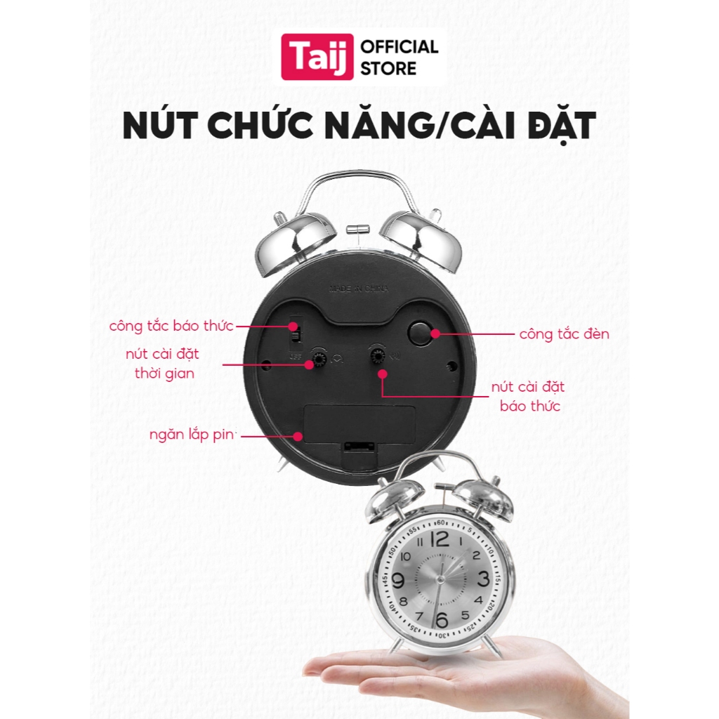 Đồng Hồ Báo Thức Hai Chuông To Kiểu Dáng Cổ Điển Vỏ Inox Mặt Kính Siêu Bền Đồng Hồ Decor