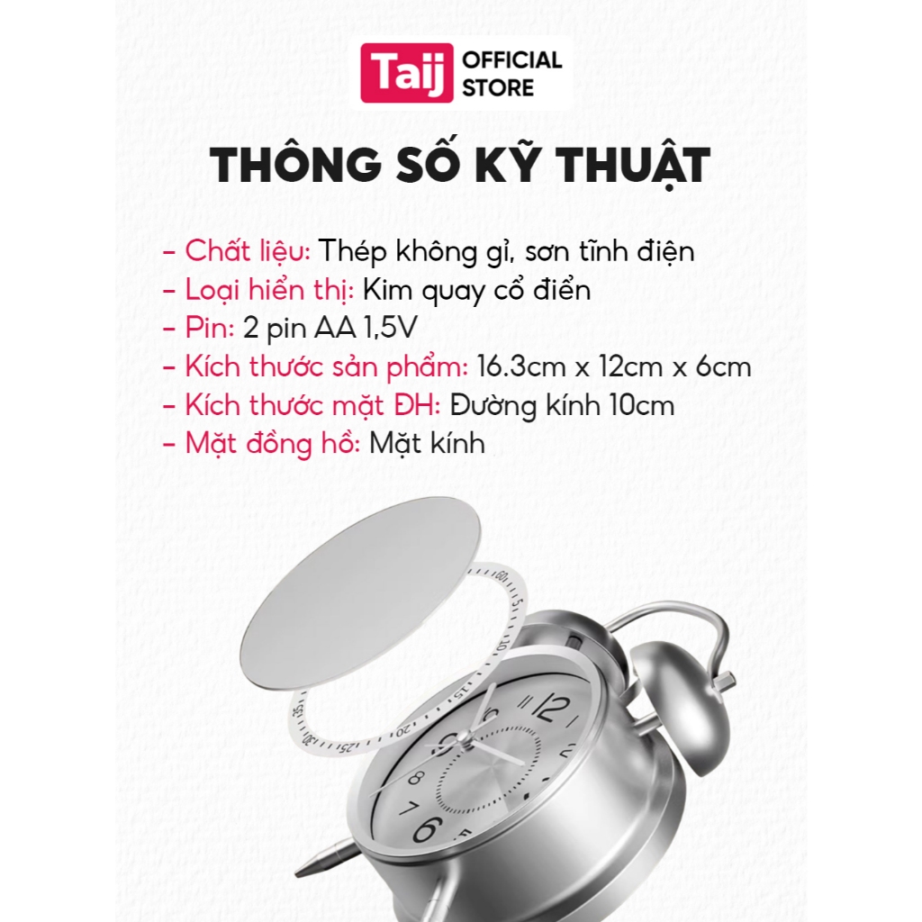 Đồng Hồ Báo Thức Hai Chuông To Kiểu Dáng Cổ Điển Vỏ Inox Mặt Kính Siêu Bền Đồng Hồ Decor