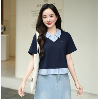 Áo Kiểu Nữ Sơ Mi Công Sở LAMER FASHION Dáng Croptop Cổ Bẻ Phối Kẻ Trẻ Trung H61B25H011