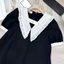 Đầm nữ cộc tay form rộng Váy babydoll cổ V PeterPan to phối bèo đính đá ngọc tay bồng đuôi cá dáng ngắn đen trắng T1243G