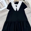 Đầm nữ cộc tay form rộng Váy babydoll cổ V PeterPan to phối bèo đính đá ngọc tay bồng đuôi cá dáng ngắn đen trắng T1243G