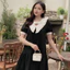 Đầm nữ cộc tay form rộng Váy babydoll cổ V PeterPan to phối bèo đính đá ngọc tay bồng đuôi cá dáng ngắn đen trắng T1243G