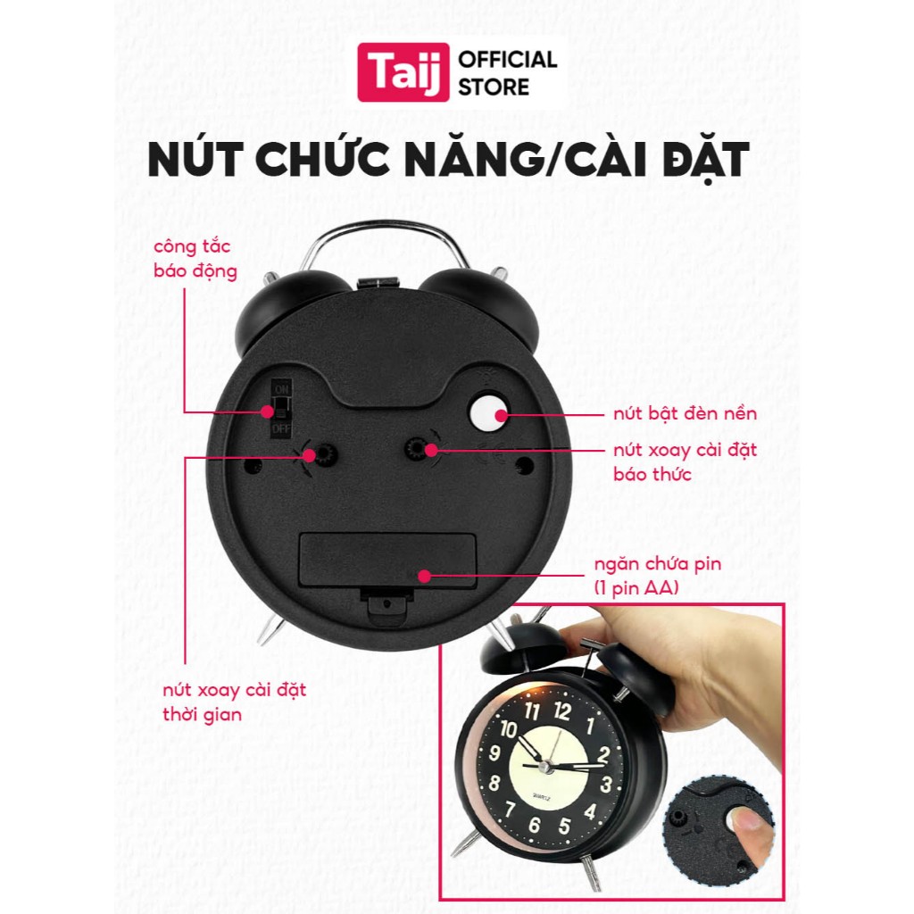 Đồng Hồ Báo Thức - Đồng Hồ Bàn Học Hai Chuông To Có Đèn Ban Đêm Mặt Dạ Quang Quatz Size 8cm và 10cm