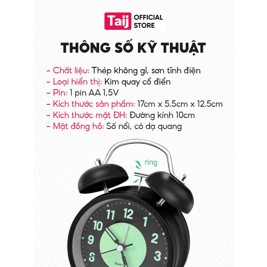Đồng Hồ Báo Thức - Đồng Hồ Bàn Học Hai Chuông To Có Đèn Ban Đêm Mặt Dạ Quang Quatz Size 8cm và 10cm