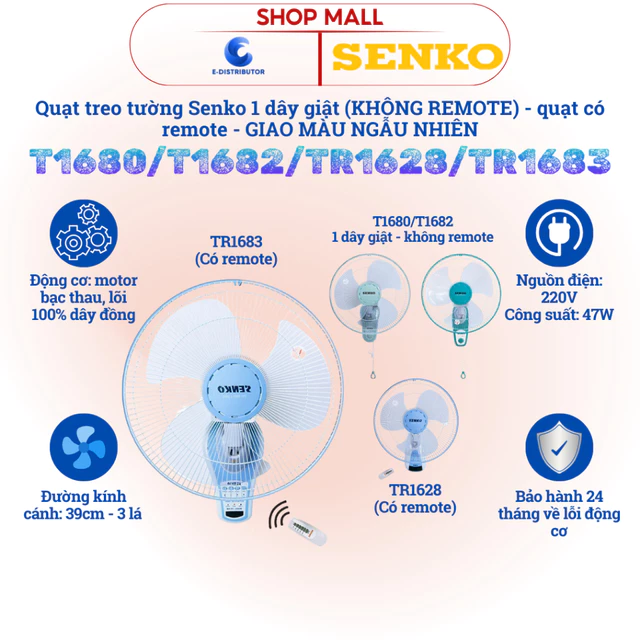 [HỎA TỐC] Quạt treo tường SENKO TR1628/TR1683 có Remote - T1680/T1682 1 dây KHÔNG remote - Giao màu ngẫu nhiên