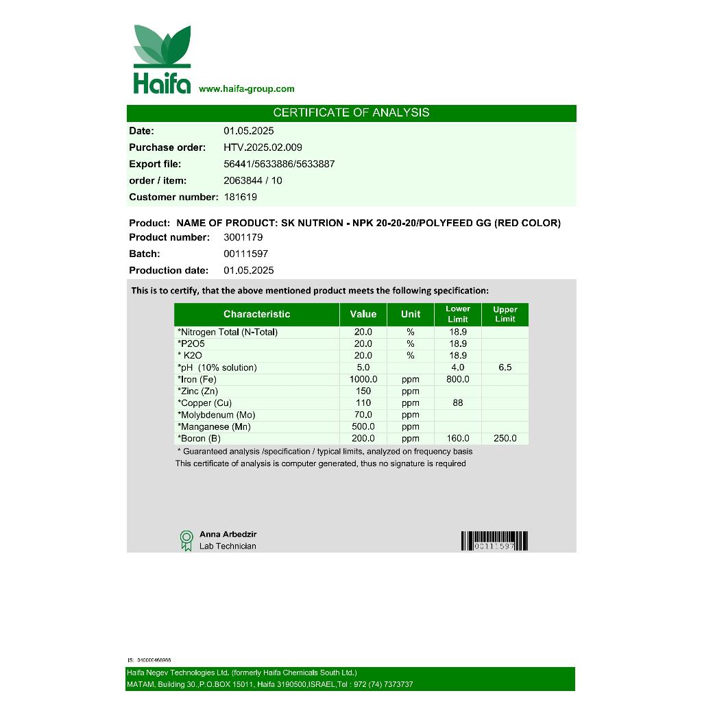 Phân SK NUTRION NPK 20-20-20 + TE (Haifa) nuôi đều thân, lá, hoa, trái
