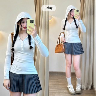 Áo thun dài tay nữ Slim Fit phối cúc 247store thiết kế mũ cá tính ôm eo tôn dáng A.thundaitay432