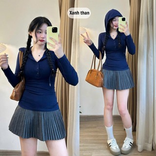 Áo thun dài tay nữ Slim Fit phối cúc 247store thiết kế mũ cá tính ôm eo tôn dáng A.thundaitay432