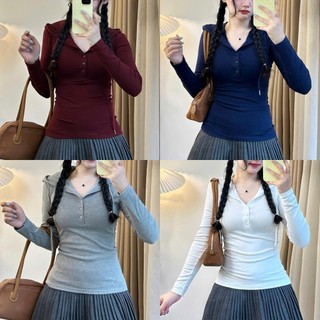 Áo thun dài tay nữ Slim Fit phối cúc 247store thiết kế mũ cá tính ôm eo tôn dáng A.thundaitay432