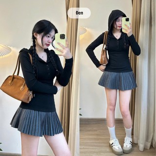 Áo thun dài tay nữ Slim Fit phối cúc 247store thiết kế mũ cá tính ôm eo tôn dáng A.thundaitay432