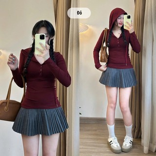 Áo thun dài tay nữ Slim Fit phối cúc 247store thiết kế mũ cá tính ôm eo tôn dáng A.thundaitay432