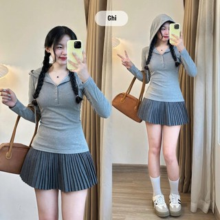 Áo thun dài tay nữ Slim Fit phối cúc 247store thiết kế mũ cá tính ôm eo tôn dáng A.thundaitay432
