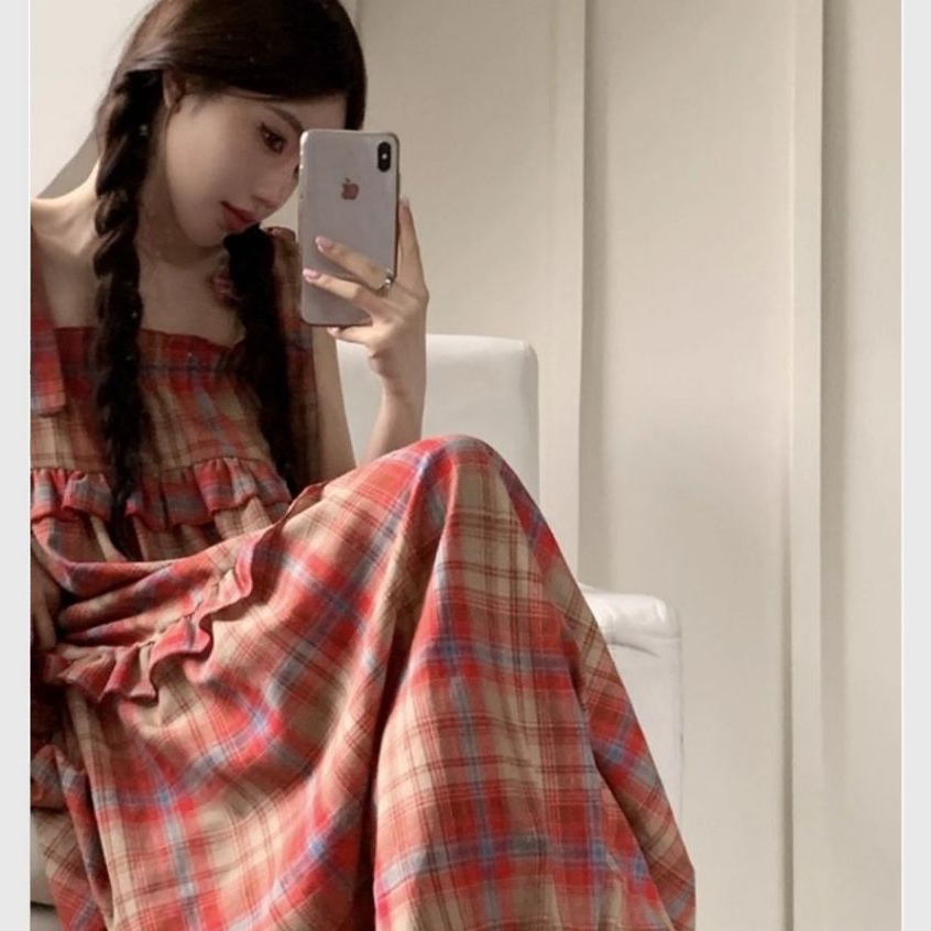 Đầm nữ maxi đi biển bigsize mặc được babydoll cute  Váy 2 dây thắt nơ bèo tầng dáng dài rộng xòe kẻ đỏ vintage T1253G