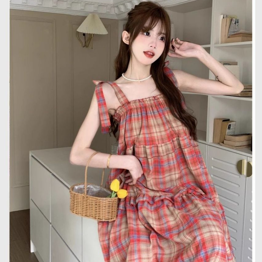 Đầm nữ maxi đi biển bigsize mặc được babydoll cute  Váy 2 dây thắt nơ bèo tầng dáng dài rộng xòe kẻ đỏ vintage T1253G