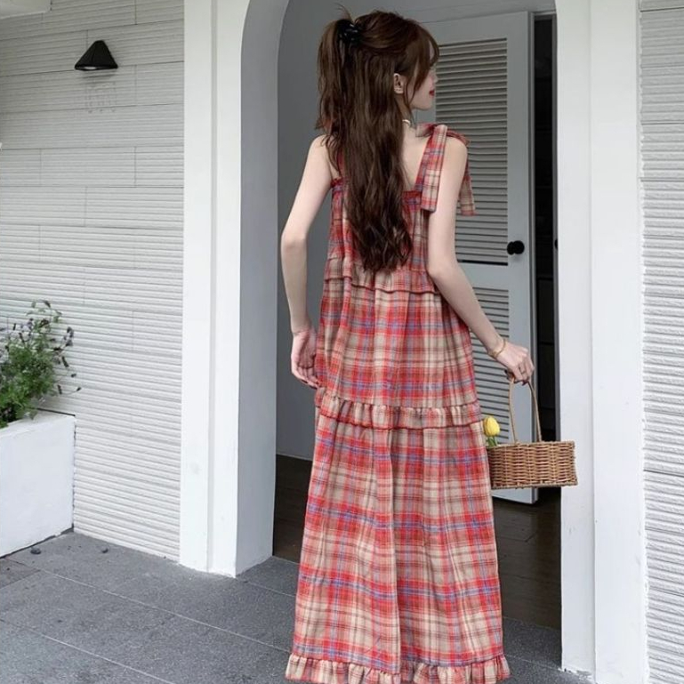 Đầm nữ maxi đi biển bigsize mặc được babydoll cute  Váy 2 dây thắt nơ bèo tầng dáng dài rộng xòe kẻ đỏ vintage T1253G