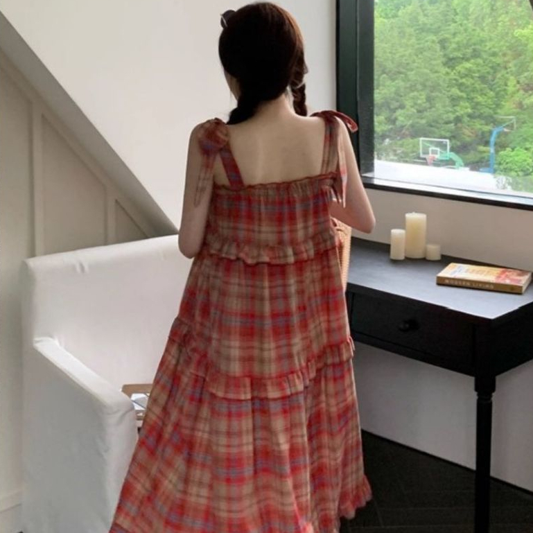 Đầm nữ maxi đi biển bigsize mặc được babydoll cute  Váy 2 dây thắt nơ bèo tầng dáng dài rộng xòe kẻ đỏ vintage T1253G