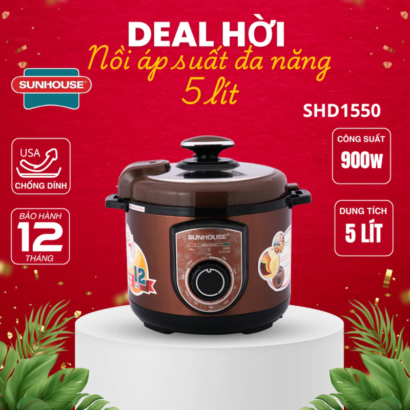 Nồi áp suất điện đa năng Sunhouse SH1550, Công suất 1000W, Dung tích 5 lít, Van xả chống bỏng — ảnh 1