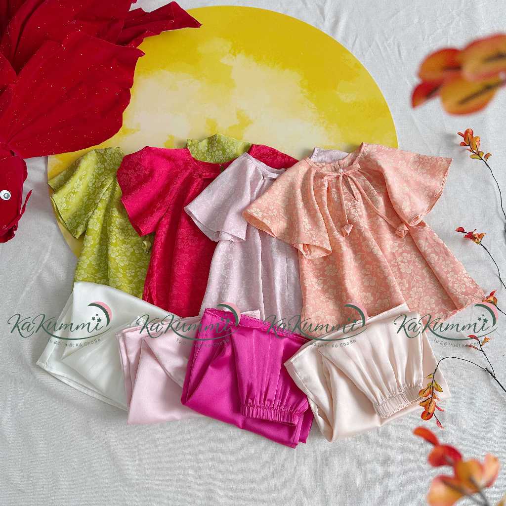 Set Lụa vân hoa cao cấp phối quần suông Tết Trung Thu cho bé, Set lụa ...